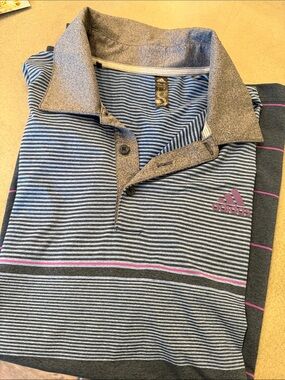 adidas Gray and Blue Striped Polo with Pink Logo